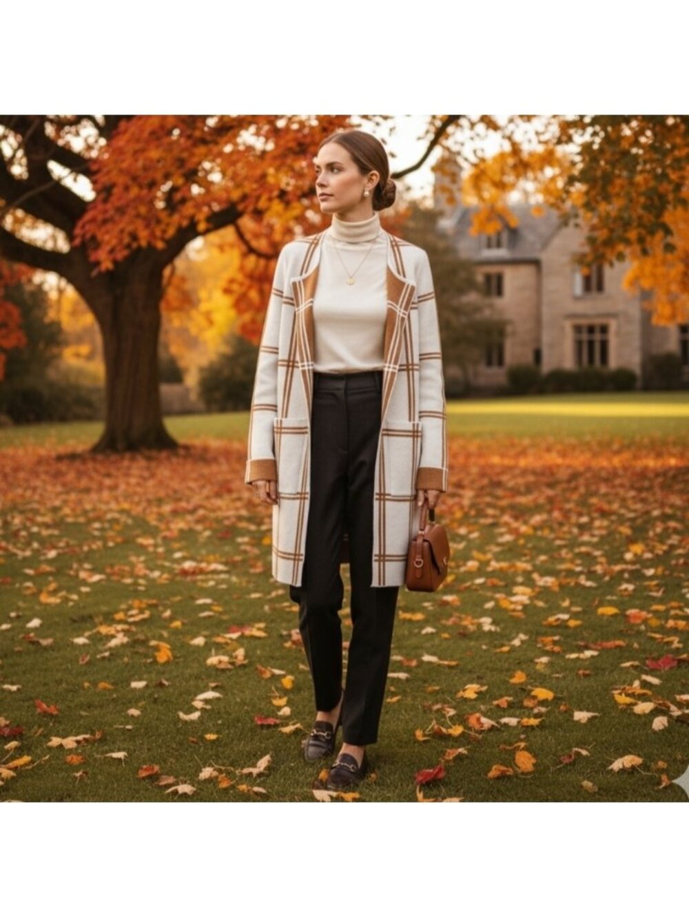 Rain & Rose Open Front Soft Cardigan Off White Tan Plaid Size Medium Office Fall